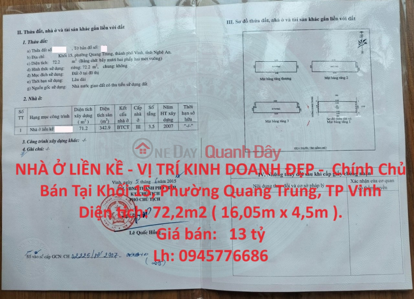 NHÀ Ở LIỀN KỀ - VỊ TRÍ KINH DOANH ĐẸP - Chính Chủ Bán Tại Khối 15, Phường Quang Trung, TP Vinh Niêm yết bán