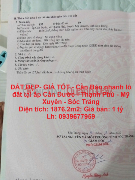 BEAUTIFUL LAND - GOOD PRICE - Need to sell quickly a plot of land in Can Duoc Hamlet - Thanh Phu - My Xuyen - Soc Trang Sales Listings