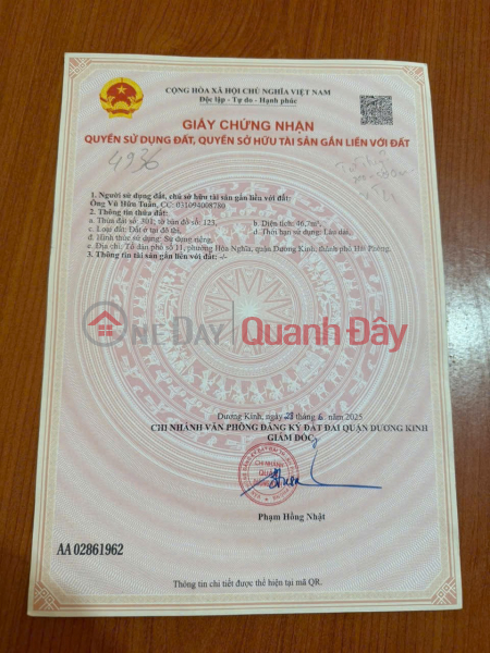 đ 1,1 tỷ, Bán đất Ngõ 78 Tư Thủy, Hòa Nghĩa, Dương Kinh đường rộng 8m - ZALO 0567 222 555