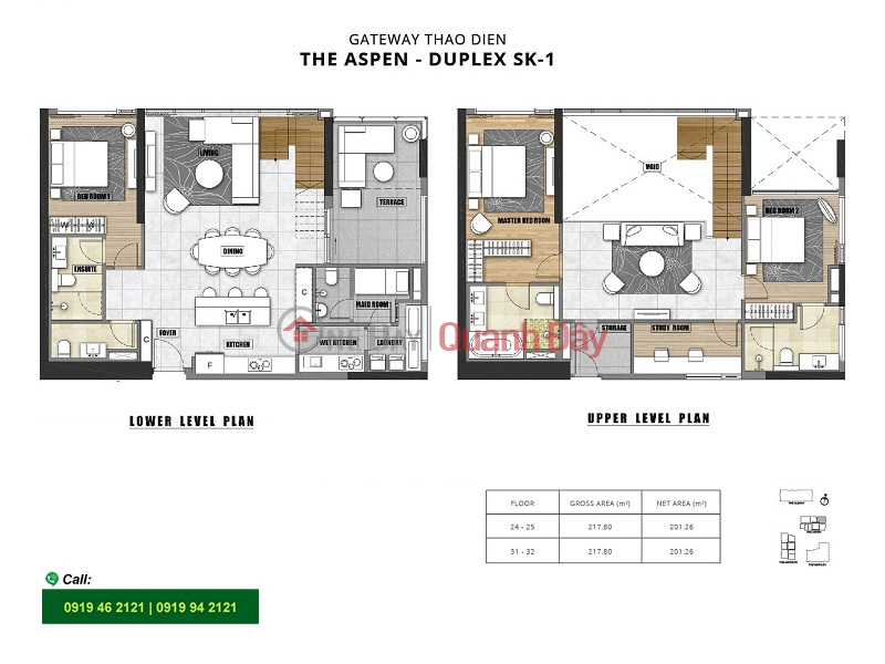 High floor Duplex apartment for rent in Aspen Gateway Thao Dien tower 3 bedrooms 2 floors