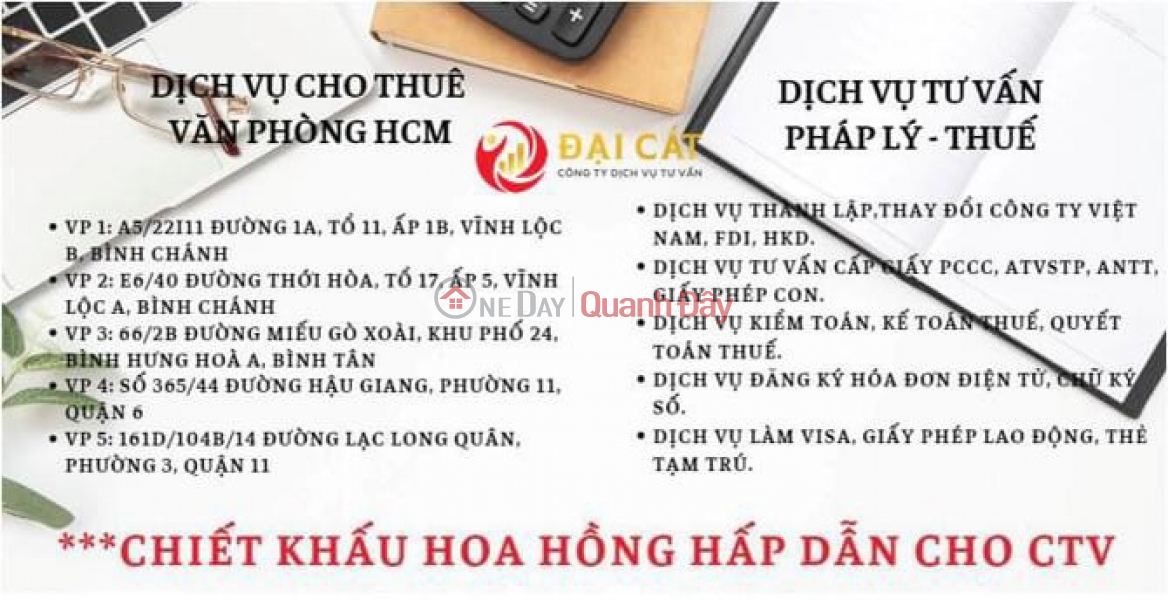 đ 500,000/ tháng, Công ty Đại Cát cho thuê địa chỉ đặt biển hiệu công ty, địa chỉ đăng ký GPKD khu vực HCM