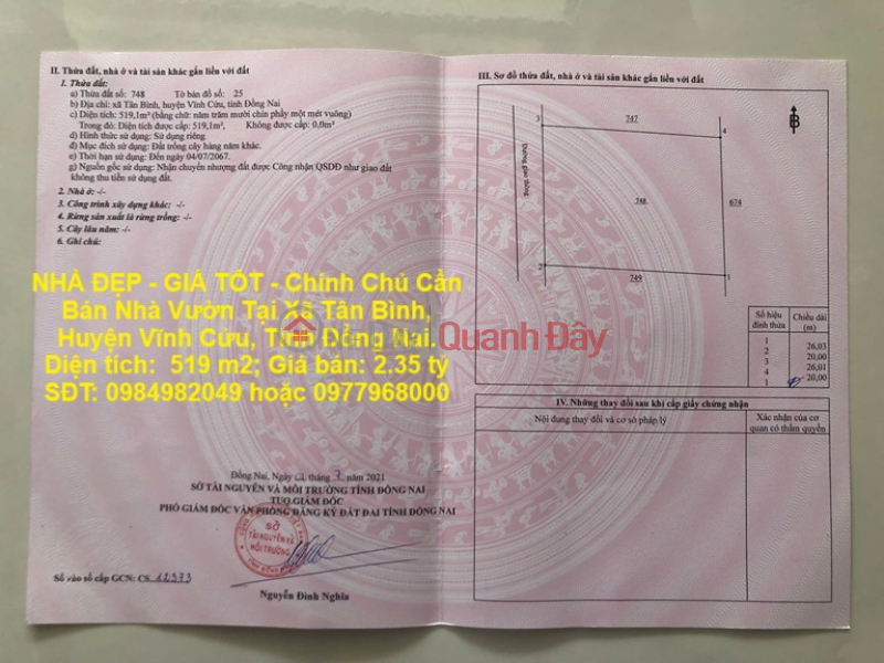 BEAUTIFUL HOUSE - GOOD PRICE - Owner Needs to Sell Garden House in Tan Binh Commune, Vinh Cuu District, Dong Nai Province. Sales Listings