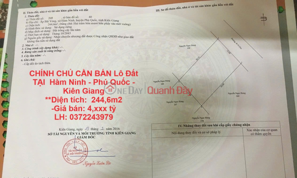 CHÍNH CHỦ CẦN BÁN NHANH Lô Đất Tại ấp Bãi Vòng - Hàm Ninh - TP Phú Quốc - Kiên Giang Niêm yết bán