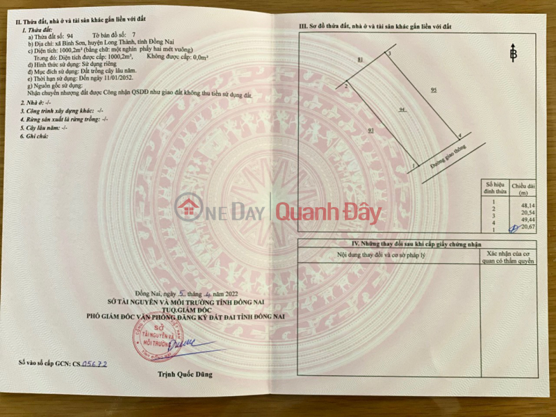 Property Search Vietnam | OneDay | Nhà ở Niêm yết bán, Bán đất Bình Sơn Long Thành đường cầu mên 1000m2 giá 8,7 ty