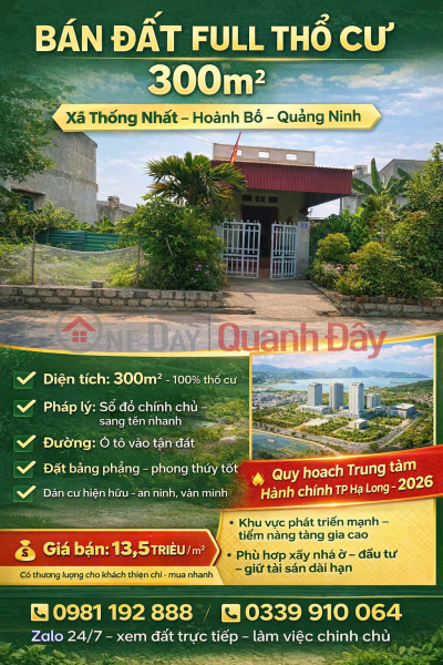 Selling a 300m2 plot of land with full residential zoning in Thong Nhat Commune, Hoanh Bo District, Quang Ninh Province. Sales Listings
