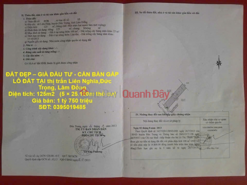 BEAUTIFUL LAND - INVESTMENT PRICE - URGENTLY NEED TO SELL LAND LOT IN Lien Nghia town, Duc Trong, Lam Dong Sales Listings
