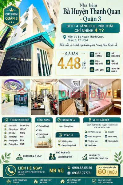 PROFITABLE INVESTMENT – 4-STORY HOUSE FOR SALE IN THE CENTER OF DISTRICT 3, BA HUYEN THANH QUAN STREET, HO CHI MINH CITY Sales Listings