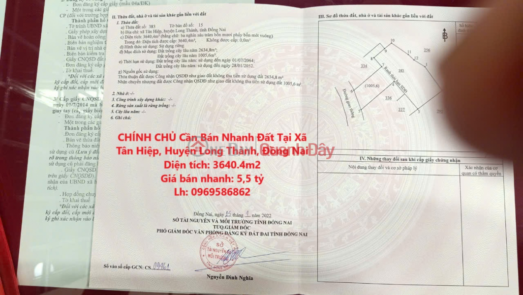 CHÍNH CHỦ Cần Bán Nhanh Đất Tại Xã Tân Hiệp, Huyện Long Thành, Đồng Nai Niêm yết bán