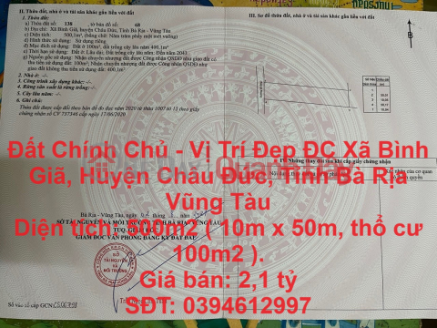 Đất Chính Chủ - Vị Trí Đẹp ĐC Xã Bình Giã, Huyện Châu Đức, Tỉnh Bà Rịa Vũng Tàu _0