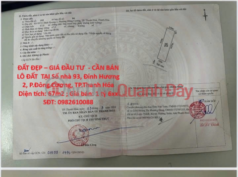 ĐẤT ĐẸP – GIÁ ĐẦU TƯ - CẦN BÁN LÔ ĐẤT TẠI Số nhà 93, Đinh Hương 2, P.Đông Cương, TP.Thanh Hóa _0