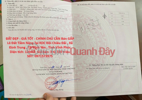 ĐẤT ĐẸP - GIÁ TỐT - CHÍNH CHỦ CẦN Bán GẤP Lô Đất Tiềm Năng Tại ĐỊNH TRUNG - VĨNH YÊN. _0