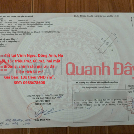 Land for sale in Vinh Ngoc, Dong Anh, Hanoi, 13x million VND\/m2, 60 m2, two open sides, direct owner, preferential price. _0