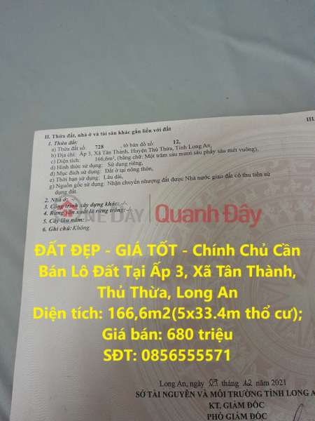 ĐẤT ĐẸP - GIÁ TỐT - Chính Chủ Cần Bán Lô Đất Tại Ấp 3, Xã Tân Thành, Thủ Thừa, Long An Niêm yết bán