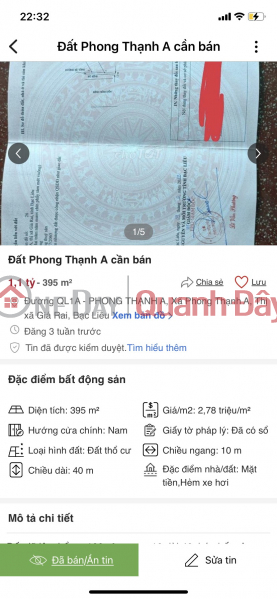 đ 1.1 Billion The owner quickly sold the land lot 10 X 40 Phong Thanh A, Gia Rai, Bac Lieu