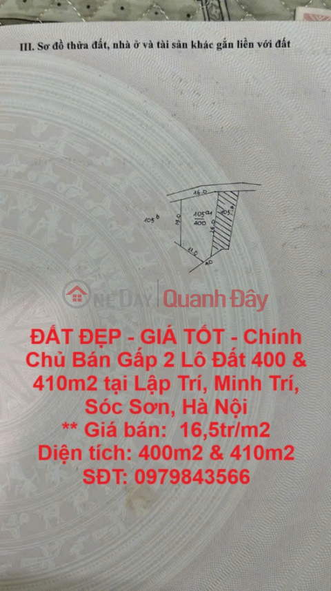 ĐẤT ĐẸP - GIÁ TỐT - Chính Chủ Bán Gấp 2 Lô Đất 400 & 410m2 tại Lập Trí, Minh Trí, Sóc Sơn, Hà Nội _0