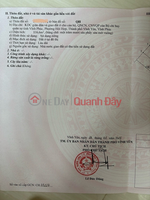 Selling a 116.6m2 plot of land (8m frontage, fully residential land) in Hoi Hop Ward, Vinh Yen City, Vinh Phuc Province. _0
