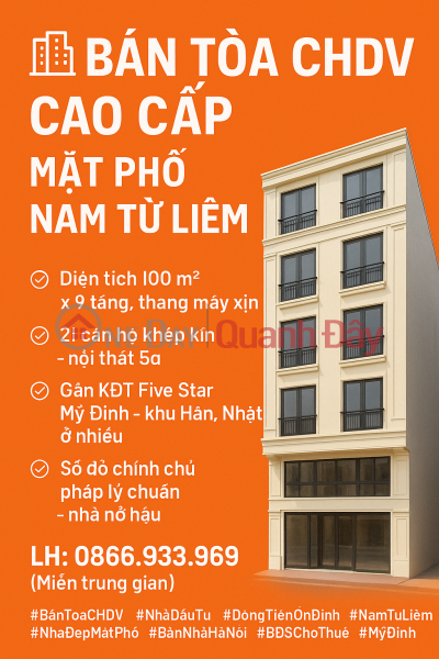 FOR SALE HIGH-CLASS SERVICE APARTMENT BUILDING – NAM TU LIEM STREET FRONTAGE – CASH FLOW 1.8 BILLION/YEAR – PRICE ONLY 36.5 BILLION Sales Listings
