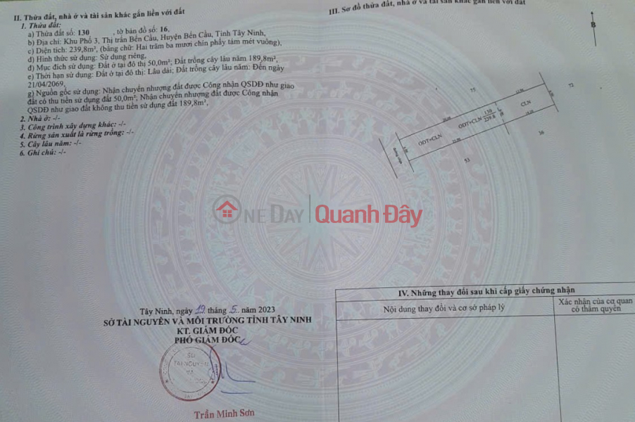 OWNER'S LAND - Good price - Beautiful location in quarter 3, Ben Cau town, Tay Ninh Sales Listings
