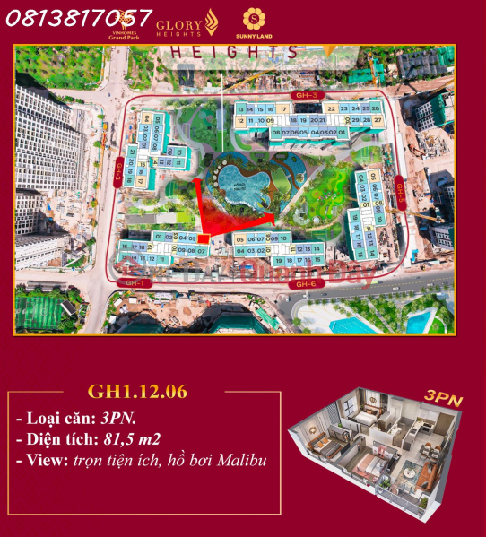 Căn hộ 3PN View đẹp nhất, Giá rẻ nhất Glory Heights, Trả trước 10%, Góp chỉ 1%/ tháng Niêm yết bán