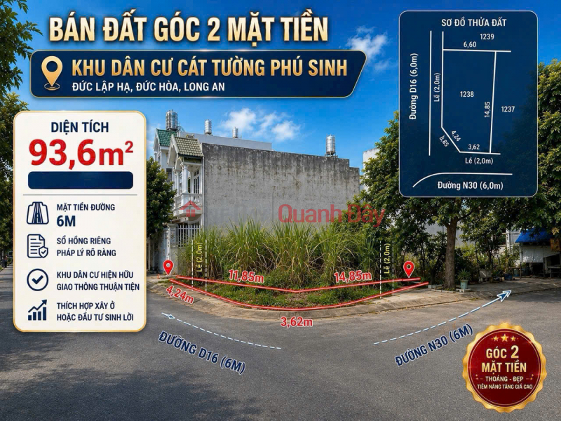 BÁN ĐẤT ĐỨC HOÀ TỈNH TÂY NINH - DT 93,6 M2 - SHR - 2TỶ050TR. LH:0903974577 Niêm yết bán