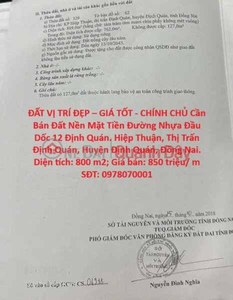 ĐẤT VỊ TRÍ ĐẸP – GIÁ TỐT - CHÍNH CHỦ Cần Bán Đất Nền Mặt Tiền Đường Nhựa Đầu Dốc 12 Định Quán. Niêm yết bán