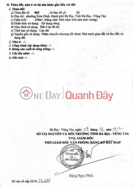 PRIME LAND - GOOD PRICE - URGENT SALE! Land for sale in Kim Dinh Ward, Ba Ria City, Vung Tau. Sales Listings