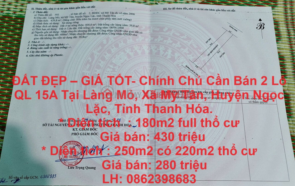 ĐẤT ĐẸP – GIÁ TỐT- Chính Chủ Cần Bán 2 Lô QL 15A Tại Ngọc Lặc, Thanh Hóa. Niêm yết bán