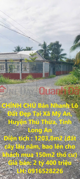 CHÍNH CHỦ Bán Nhanh Lô Đất Đẹp Tại Xã Mỹ An, Huyện Thủ Thừa, Tỉnh Long An Niêm yết bán