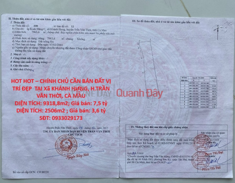 HOT HOT – CHÍNH CHỦ CẦN BÁN ĐẤT VỊ TRÍ ĐẸP TẠI Xã KHÁNH HƯNG, H.TRẦN VĂN THỜI, CÀ MAU Niêm yết bán