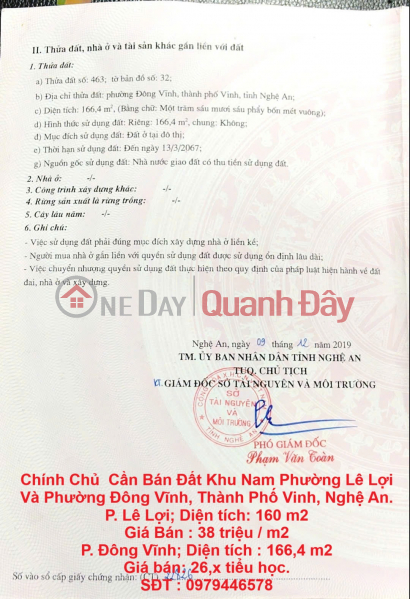 Chính Chủ Cần Bán Đất Khu Nam Phường Lê Lợi Và Phường Đông Vĩnh, Thành Phố Vinh, Nghệ An. Niêm yết bán