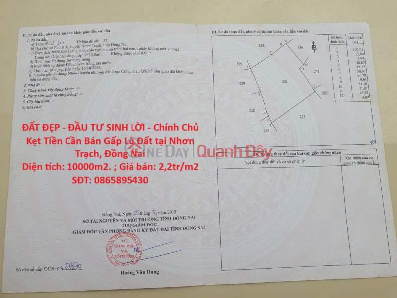 ĐẤT ĐẸP - ĐẦU TƯ SINH LỜI - Chính Chủ Kẹt Tiền Cần Bán Gấp Lô Đất tại Nhơn Trạch, Đồng Nai Niêm yết bán