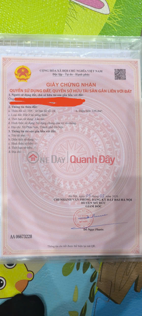 Selling a 129.4m2 (5.22m x 24.79m) plot of land in Phuc Son, My Duc, Hanoi. _0