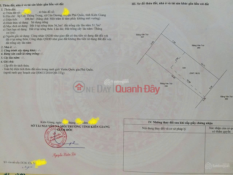 Chính chủ cần bán lô đất đẹp 108m² tại Ấp Cây Thông Trong, Xã Cửa Dương, TP Phú Quốc, Kiên Giang Niêm yết bán