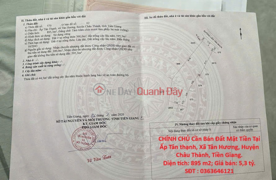 CHÍNH CHỦ Cần Bán Đất Mặt Tiền Tại Ấp Tân thạnh, Xã Tân Hương, Huyện Châu Thành, Tiền Giang. Niêm yết bán