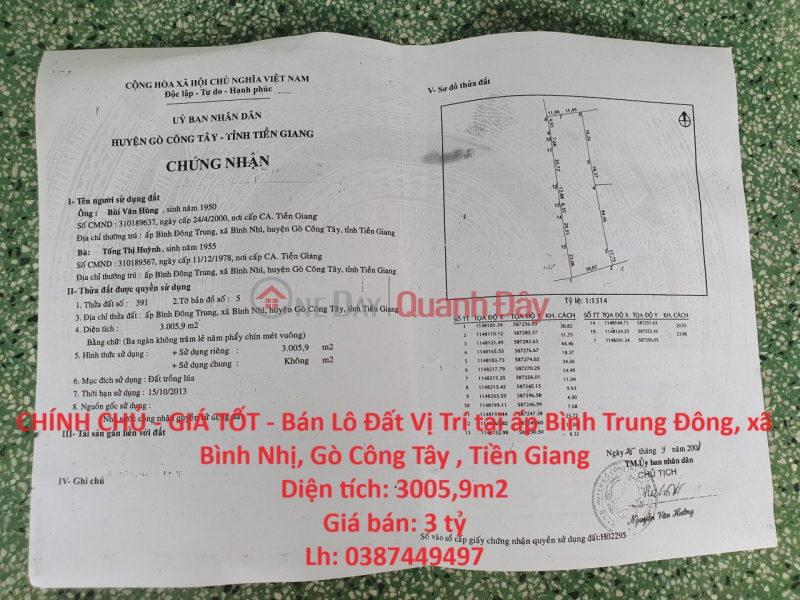 OWNER - GOOD PRICE - Selling Land Lot Location at Binh Trung Dong hamlet, Binh Nhi commune, Go Cong Tay, Tien Giang Sales Listings