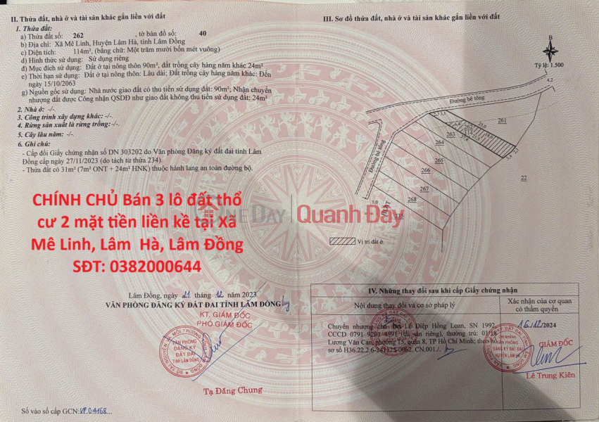OWNER SELLING 3 ADJACENT RESIDENTIAL LAND PLOTS WITH 2 ROAD FRONTAGES IN ME LINH COMMUNE, LAM HA DISTRICT, LAM DONG PROVINCE Sales Listings