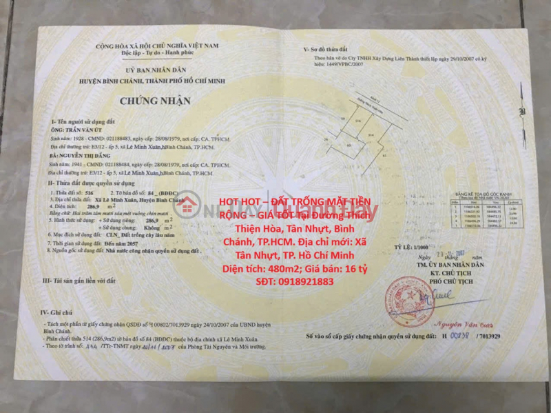 HOT HOT – ĐẤT TRỐNG MẶT TIỀN RỘNG – GIÁ TỐT Tại Đường Thích Thiện Hòa, Tân Nhựt, Bình Chánh, TP.HCM Niêm yết bán