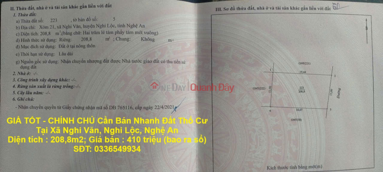 GIÁ TỐT - CHÍNH CHỦ Cần Bán Nhanh Đất Thổ Cư Tại Xã Nghi Văn, Nghi Lộc, Nghệ An Niêm yết bán