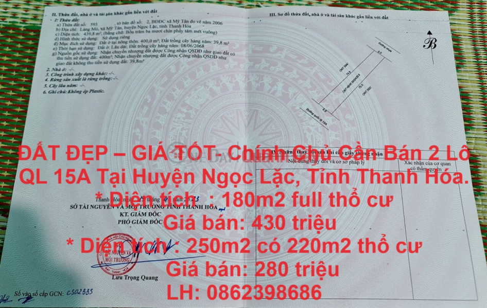 ĐẤT ĐẸP – GIÁ TỐT- Chính Chủ Cần Bán 2 Lô QL 15A Tại Ngọc Lặc, Thanh Hóa. Niêm yết bán