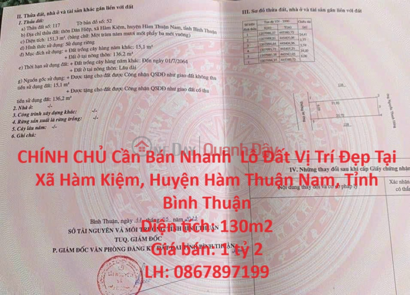 OWNERS Need to Sell Land Lot in Nice Location Quickly in Ham Kiem Commune, Ham Thuan Nam District, Binh Thuan Province Sales Listings