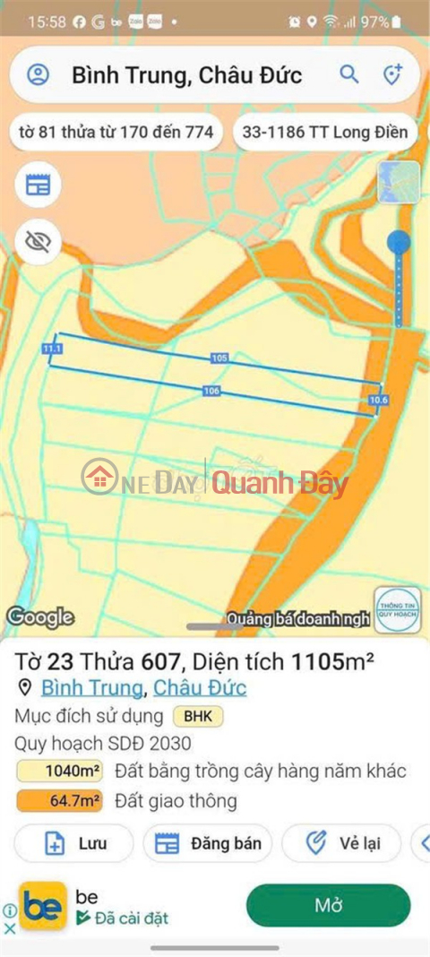 I am the owner and I need to sell a plot of land (sào) with frontage on a paved road in Binh Trung commune, Chau Duc district, Vung Tau. _0