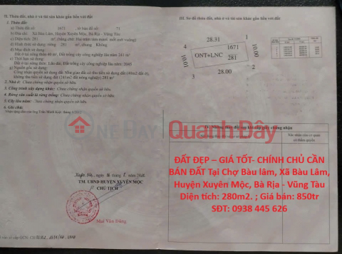 PRIME LAND – GOOD PRICE – OWNER SELLING LAND at Bau Lam Market, Bau Lam Commune, Xuyen Moc District, Ba Ria - Vung Tau _0