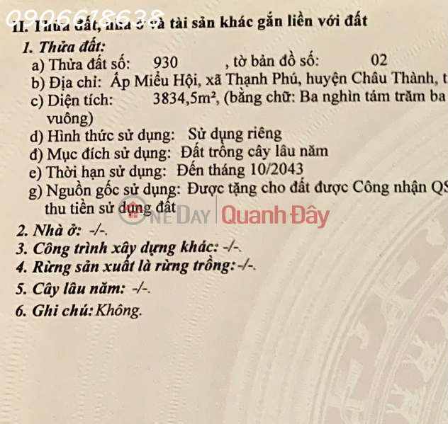 Property Search Vietnam | OneDay | Nhà ở, Niêm yết bán Bán đất CLN 3834m2 ở Ấp Miễu Hội, Xã Thạnh Phú, Châu Thành, Tiền Giang, 5,9 tỷ