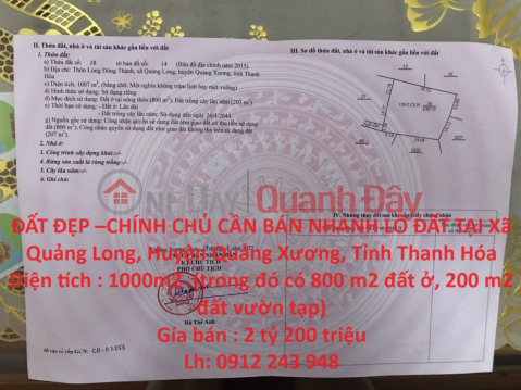 BEAUTIFUL LAND – OWNERS NEED TO SELL LAND LOT QUICKLY IN Quang Long Commune, Quang Xuong District, Thanh Hoa Province _0