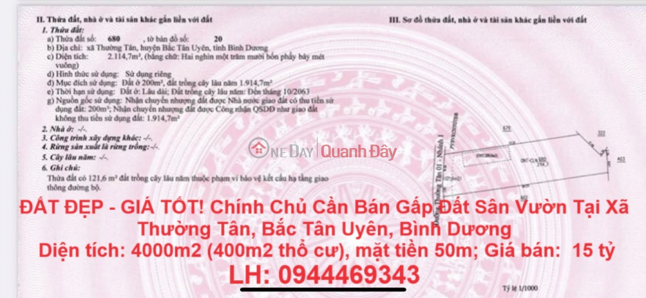 ĐẤT ĐẸP - GIÁ TỐT! Chính Chủ Cần Bán Gấp Đất Sân Vườn Tại Xã Thường Tân, Bắc Tân Uyên, Bình Dương Niêm yết bán