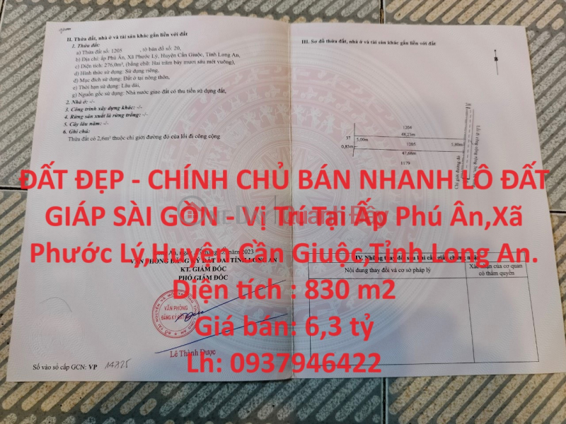 ĐẤT ĐẸP - CHÍNH CHỦ BÁN NHANH LÔ ĐẤT GIÁP SÀI GÒN - Vị Trí Tại Phước Lý, Cần Giuộc, Long An Niêm yết bán