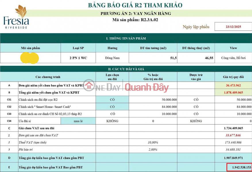 Apartment for sale at developer's initial price, river view, 2 bedrooms - 2 bathrooms, 51.5m2, fully furnished, only 2.1 billion VND., Vietnam, Sales đ 2.1 Billion