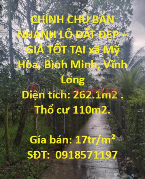 OWNER FAST SELLING BEAUTIFUL LOT OF LAND - GOOD PRICE IN My Hoa commune, Binh Minh, Vinh Long _0