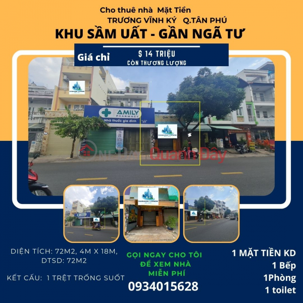 CỰC SỐC - Cho thuê nhà Mặt Tiền Trương Vĩnh Ký 72m2, 14 Triệu- Gần NGÃ TƯ Niêm yết cho thuê