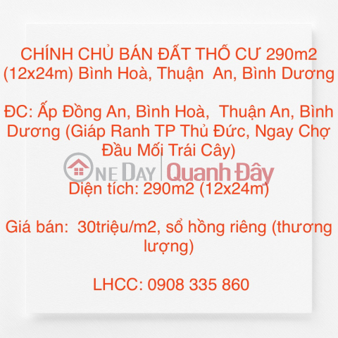 CHÍNH CHỦ BÁN ĐẤT THỔ CƯ 290m2 (12x24m) Bình Hoà, Thuận An, Bình Dương _0